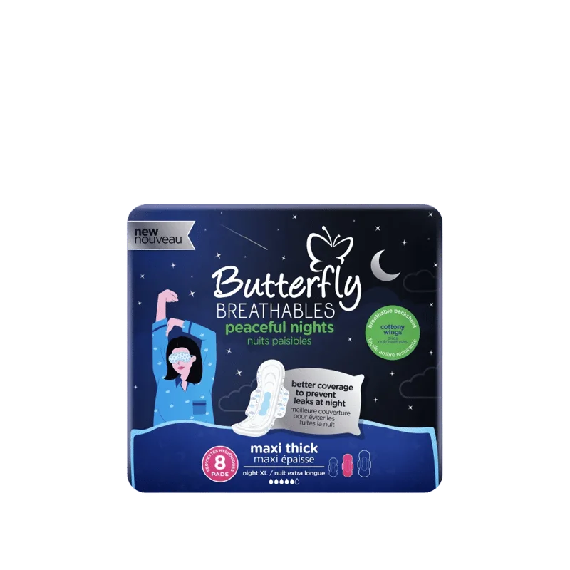 Butterfly Breathables Peaceful Nights Maxi Thick Sanitary Pads, Exta Long, 8 Pads Value Pack