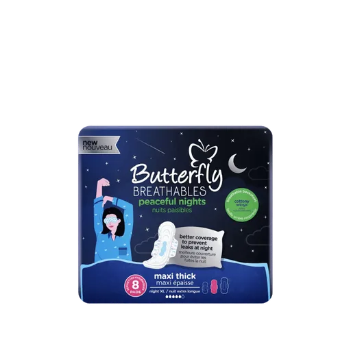 Butterfly Breathables Peaceful Nights Maxi Thick Sanitary Pads, Exta Long, 8 Pads Value Pack