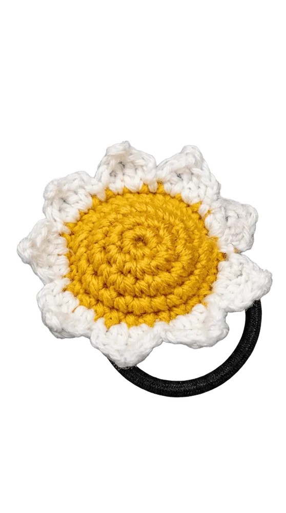 Crotcheted White Sunflower Elastic Hair Tie Band Ponytail