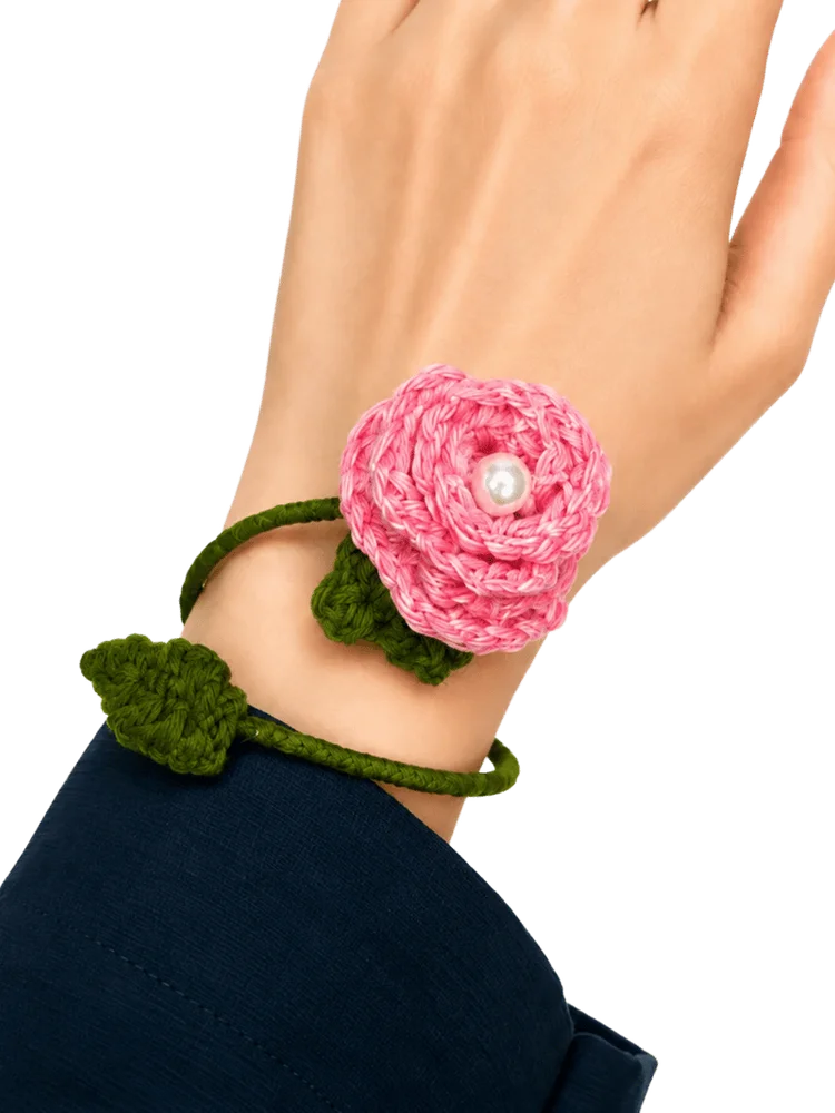 Handmade Crochet Pink Flower Adjustable Bracelet