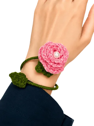 Handmade Crochet Pink Flower Adjustable Bracelet