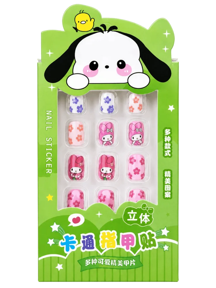 Kawaii Cute Nail Sticker for Kids | Green-Dark Pink Small Size 12pcs