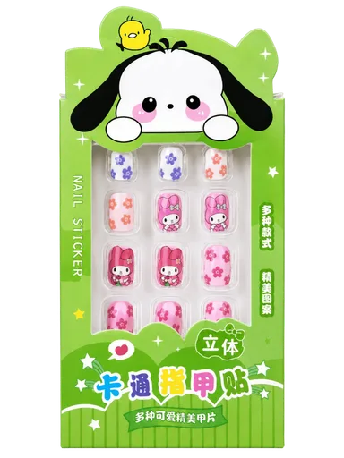 Kawaii Cute Nail Sticker for Kids | Green-Dark Pink Small Size 12pcs