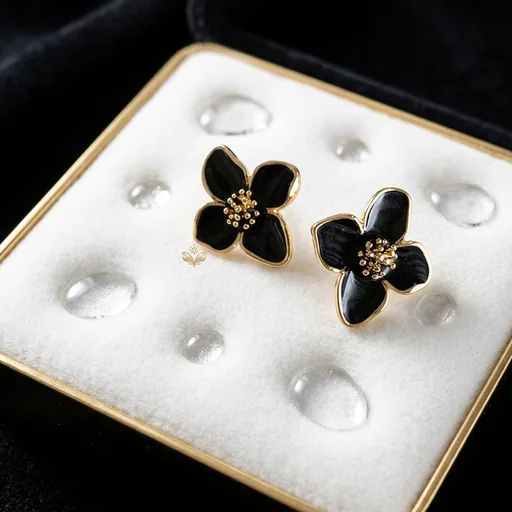 Black Shiny Flower - Earring