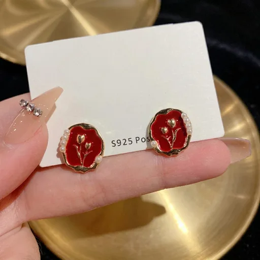 Maroon Tulip Flower Gold - Earring