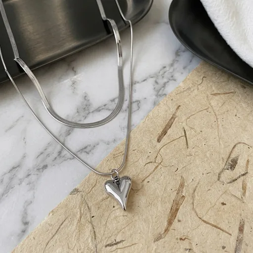 Silver Heart Necklace - Set of 2