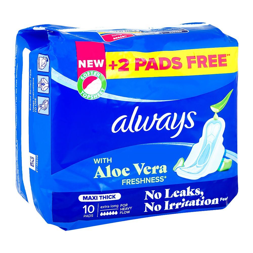 Always Aloe Vera Freshness Maxi Thick Extra Long Pads, 10-Pack