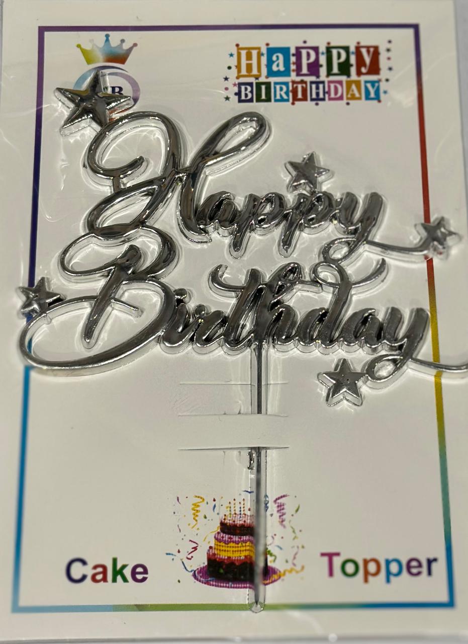 Silver Happy Birthday Cake Topper